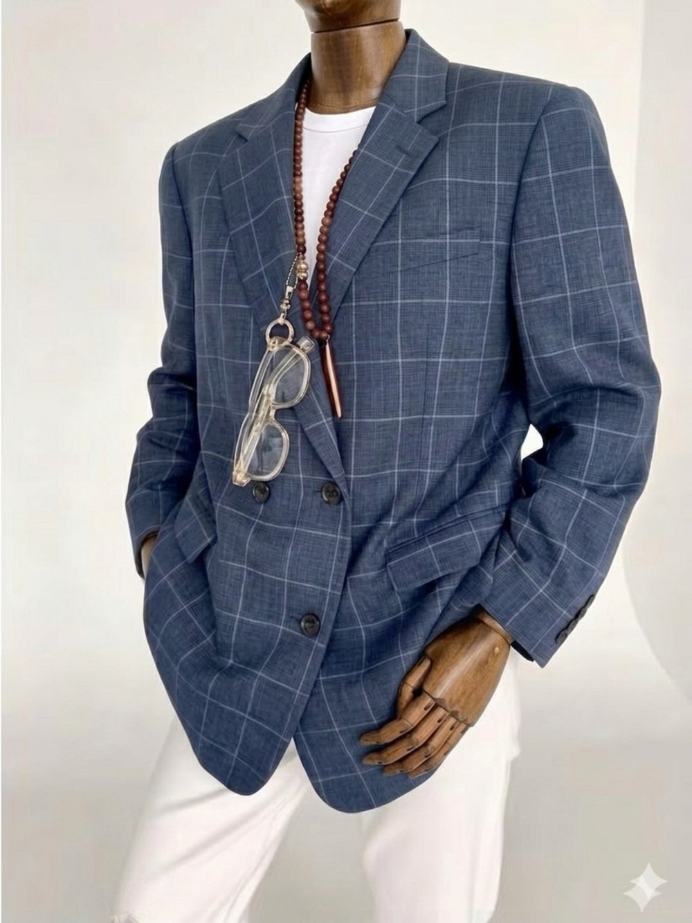 🏷️ Calvin Klein Slim Fit Blue Plaid Wool-Blend Suit Jacket Blazer (44S)